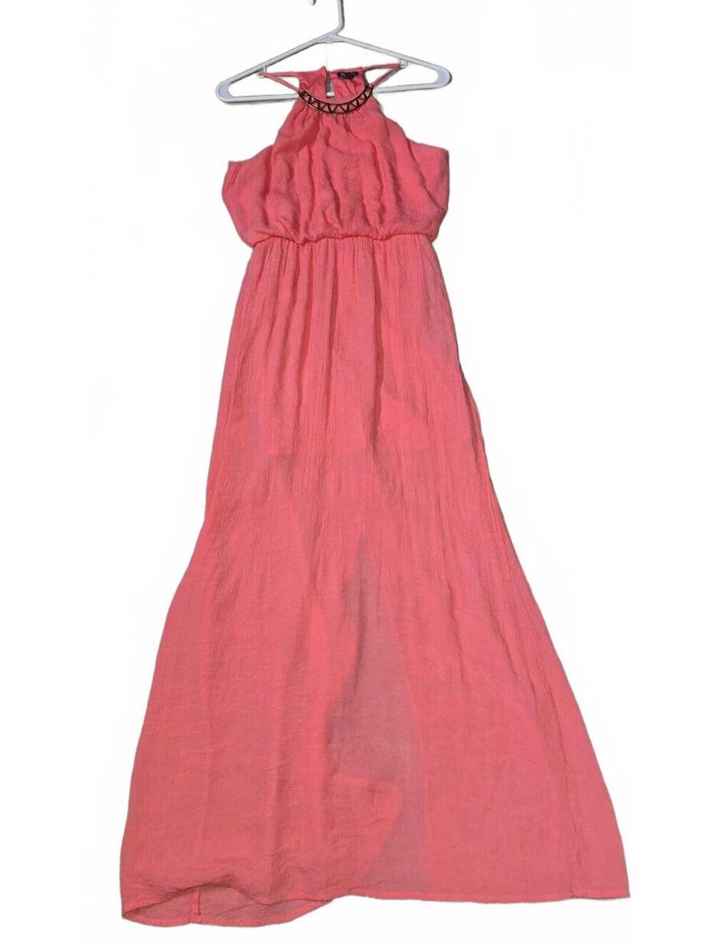 Lily Rose Women’s Small Coral Pink Maxi Dress Gold Neckline Sleeveless